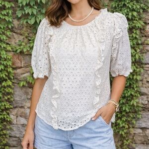 RACHEL PARCELL White Eyelet Ruffle Accent Puff Sleeve Blouse, M
